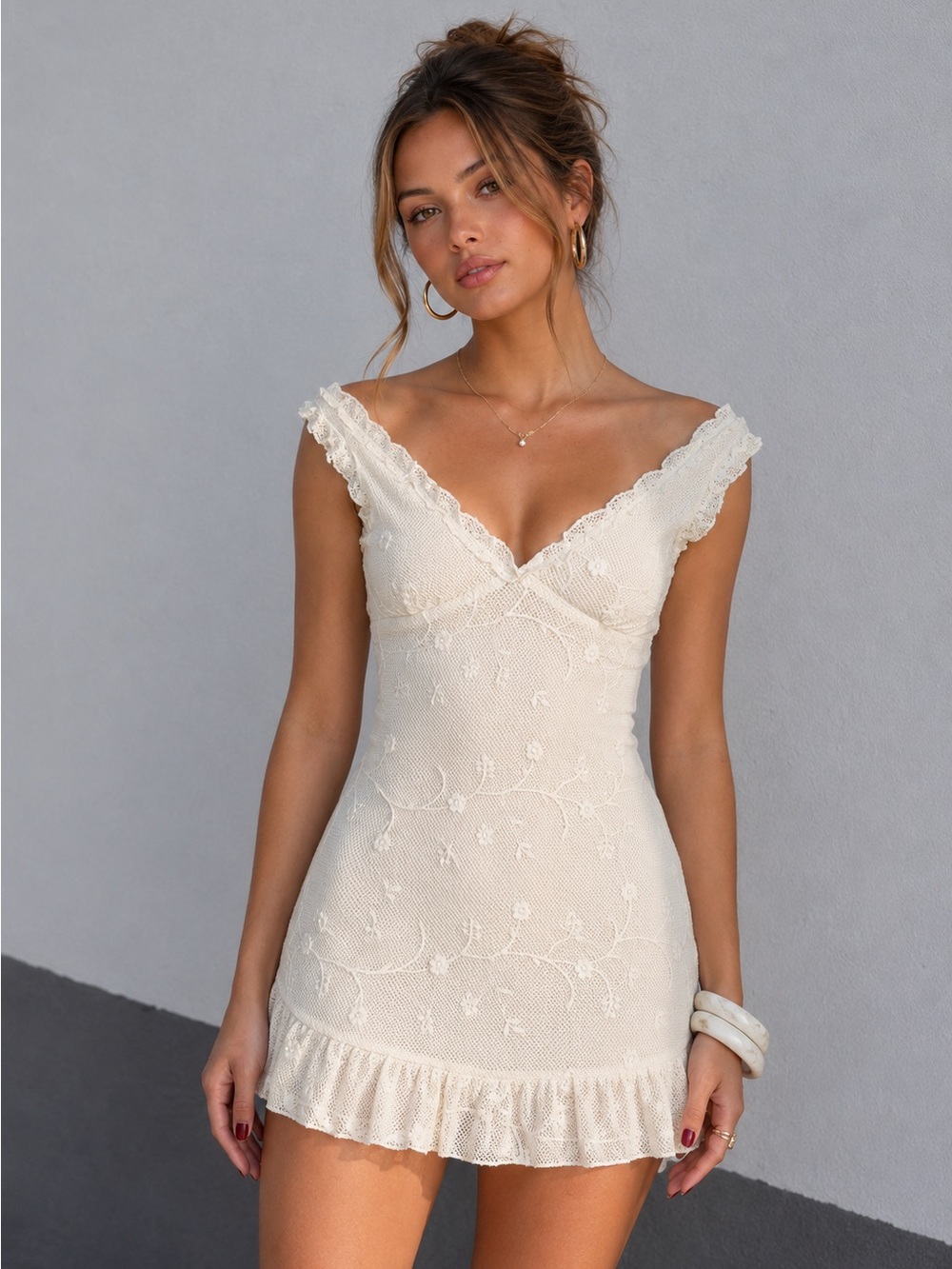 Princess Polly Cream Lace V-Neck Mini Dress